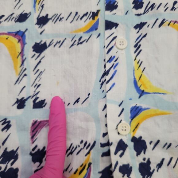 Vintage 80s Abstract Hippie Button Shirt Large 23x28 Blue Groovy - Picture 4 of 11